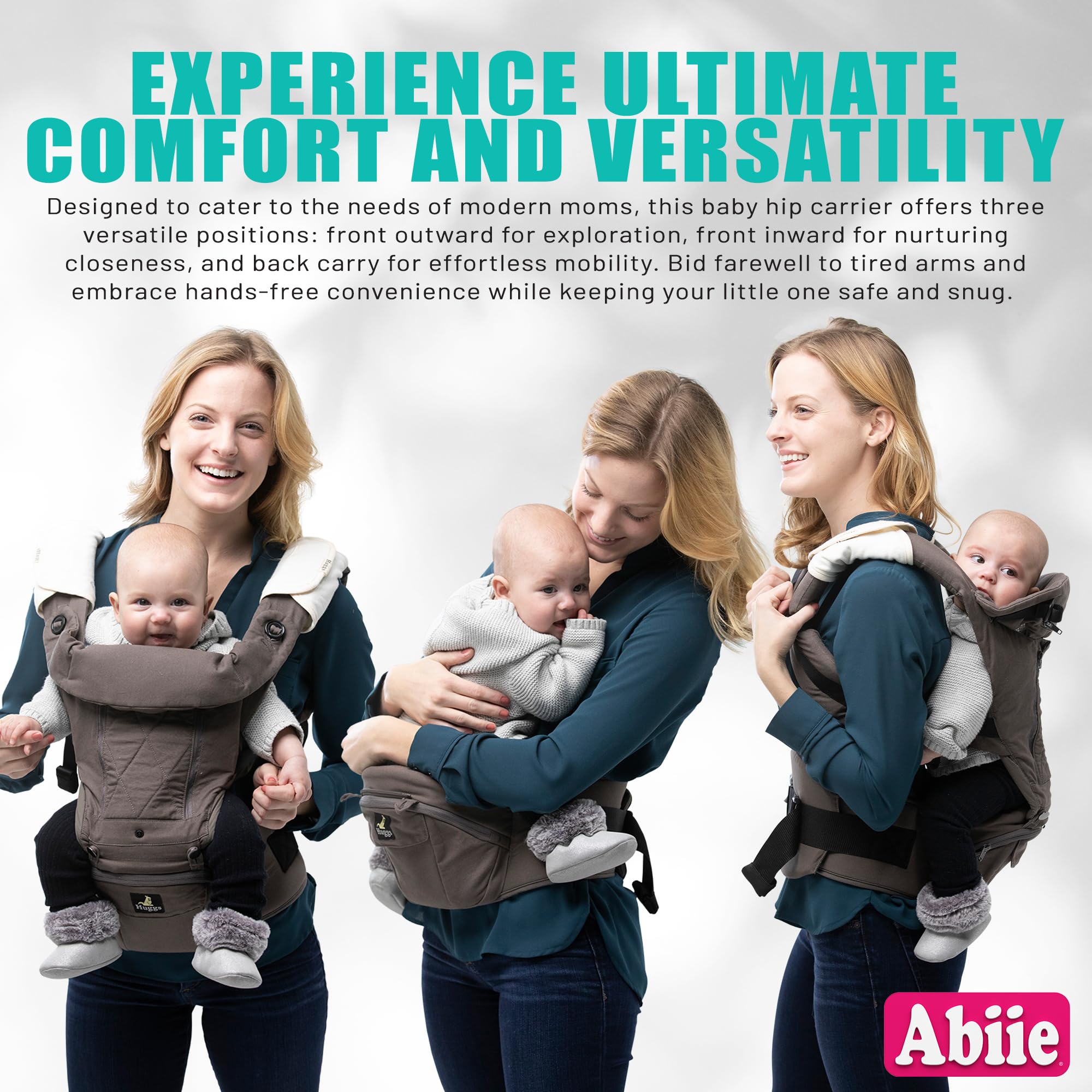 Abiie HUGGS Baby Carrier with Hip Seat, 3 Months to Toddler, Approved by U.S. Safety Standards - Healthy Sitting Position (M-Position) - Front Facing, Hip Hugger, Back Baby Carrier - 100% Cotton Grey