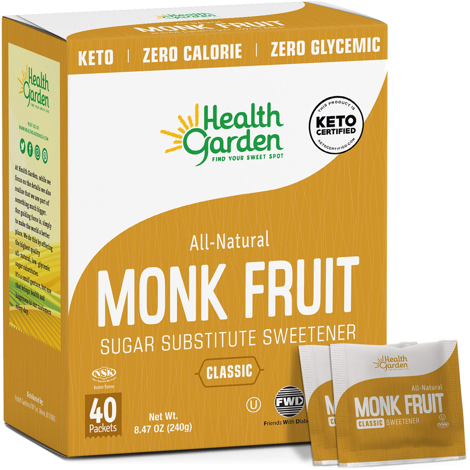 Health Garden Monk Fruit Sweetener, Classic - Non GMO - Gluten Free - Sugar Substitute - Kosher - Keto Friendly 40 Packets (2 pack)