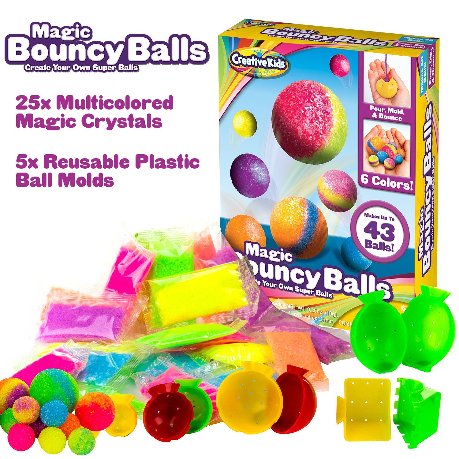 Creative Kids DIY Magic Bouncy Balls - Create Your Own Crystal Powder Craft Kit for Includes 25 Bags of Multicolored & 5 Molds Makes Up to 43