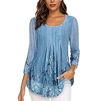 Timeson Women's Casual 3/4 Sleeve Tunic Tops Floral Double Layers Blouses Loose Fit Pleated Mesh Shirts