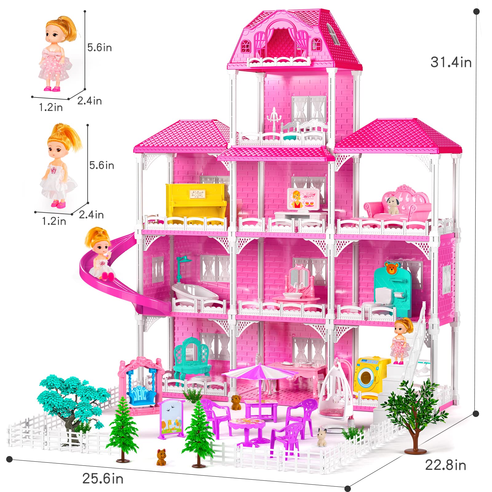 TEMI Dreamhouse Doll House for 3 4 5 6 7 8 Year Old Girls Toy - 4-Story 10 Rooms Dollhouse 7-8 with 2 Toy Figures, Furniture and Accessories, Pretend Play House for Kid Ages 3+