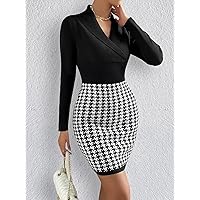 TLULY Sweater Dress for Women Houndstooth Pattern Shawl Collar Sweater Dress Sweater Dress for Women (Color : Black and White, Size : Small)