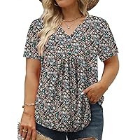 VISLILY Women's Plus-Size-Summer-Tops Trendy Henley V Neck T-Shirts Flowy Pleated Tunics Short Sleeve Buttons Up Blouses