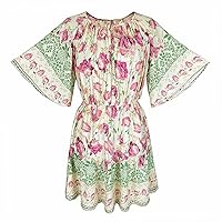 SITY SHOP-Women's Summer Half Sleeve Casual Loose Bohemian Floral Tunic Dresses Mini Dress Beach Party Cocktail Vacation