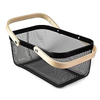 Portable Garden Harvest Basket-Mesh Design Natural Bamboo Handle Wire Storage Baskets,Mesh Basket with Handle Organize Items Reduce Space Occupation,Suitable for Kitchen,Garden,Picnic(Black)