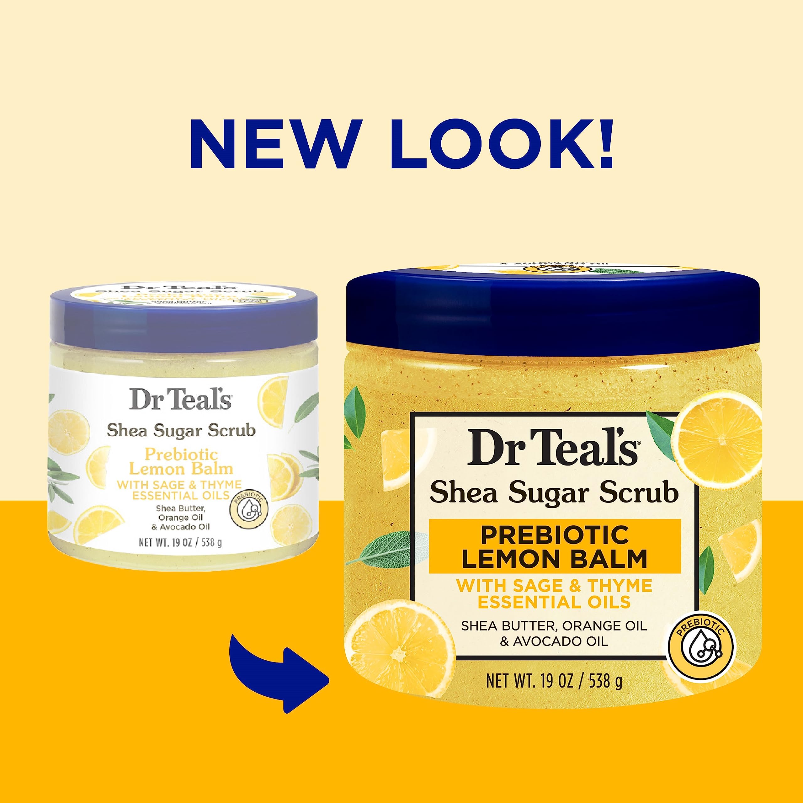 Dr Teal's Shea Sugar Scrub, Prebiotic Lemon Balm, 19 oz (Pack of 3) (Packaging May Vary)