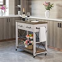 Off-White and Brown Aurora Kitchen Cart, Coffee Bar and Microwave Stand, Island on Wheels with Storage, Wood and Metal, Farmhouse, 31.5 inches