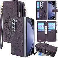 Lacass Compatible with Samsung Galaxy Z Fold 5 Z Fold5 5G (2023) Case [12 Card Slots] ID Credit Cash Holder Zipper Pocket Detachable Magnet Leather Wallet Cover(Floral Dark Purple)