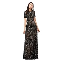 Women's Sequins Scoop Neck Mermaid Formal Prom Evening Dress with Short Sleeves