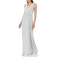 HALSTON Women's Sleeveless V Neck Lurex Knit Gown with Pleat Detail, Steel, 10