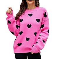 Womens Heart Pattern Crewneck Sweater Long Sleeve Casual Loose Comfy Knitted Pullover Fashion Tunic Jumper Tops