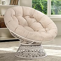 Bme Ergonomic Wicker Papasan Chair with Soft Thick Density Fabric Cushion, High Capacity Steel Frame, 360 Degree Swivel for Living, Bedroom, Reading Room, Lounge, Sepia Sand - White Base
