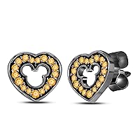 Love Heart Micky Mouse 925 Sterling Silver Plated 14k Black Gold Plated Stud Earrings with Fashion Yellow Citrine Cubic Zirconia Studs for Girls and Women