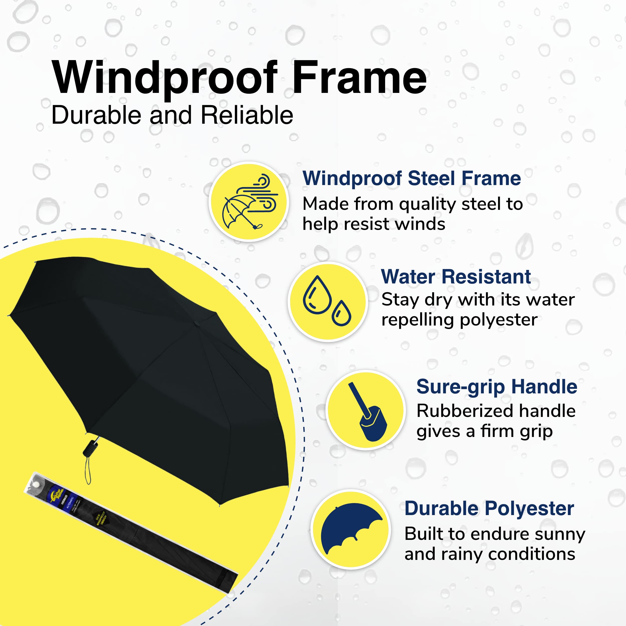 Weather Station Rain Umbrella, Automatic Folding Umbrella, Windproof, Lightweight, and Packable for Travel, Full 42 Inch Arc, Black