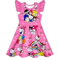 Toddler Girls Cartoon Kitten Dresses Little Kids Cute Ruffle Sleeve Summer Dress Gift Clothes Outfit