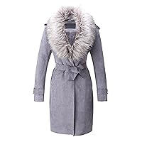 Bellivera Women Faux Leather Trench Coat Fleece-Lined Mid-length Jacket with Detachable Fur Collar