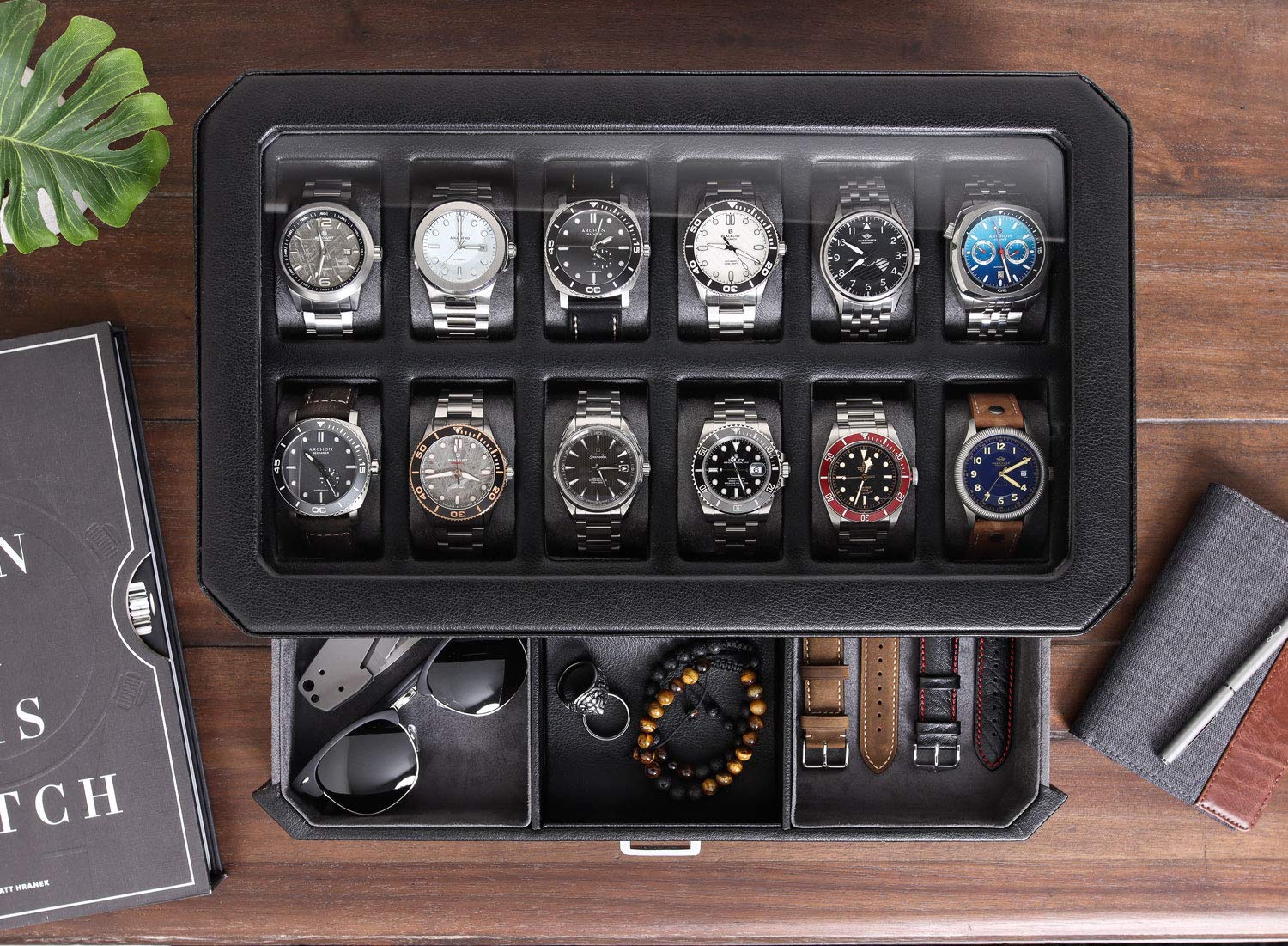 ROTHWELL 12 Slot Leather Watch Box with Valet Drawer - Luxury Watch and Jewelry Case Display Organizer, Microsuede liner, Mens Locking Watch Storage Holder Large Glass Top (Black/Grey)