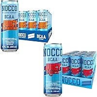 NOCCO BCAA Energy Drink 24 Pack Juicy Razz & Juicy Breeze - 12 Count (Pack of 24) - 180-200mg of Caffeine Sugar Free Energy Drinks - Carbonated, BCAAs, Vitamin B6, B12, & Biotin - Performance Drink