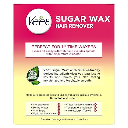 VEET Sugar Wax Hair Remover - Perfect for First Time Waxers - Contains 12 Fabric Strips & 1 Spatula with a Temperature Indicator 8.45 Ounce (Pack of 1)