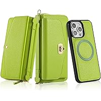 Wallet Case for iPhone 15 Pro Max/15 Pro/15 Plus/15, Magnetic Detachable Cover with RFID Blocking Card Slot Wrist Strap Wireless Charging Leather Case,White,15 Pro Max'' (Green)