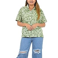 HAPPY BAY Hawaiian Shirts Womens Cotton Linen Effect Shirt Casual Summer Beach Party Blouses Short Sleeve Tops Tropical Vacation Button Up Shirts for Women L Leaves, Autumn Green