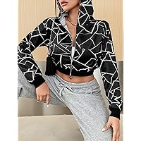 Sweatshirtw for Women - Geo Print Zip Up Crop Hoodie (Color : Black, Size : X-Small)