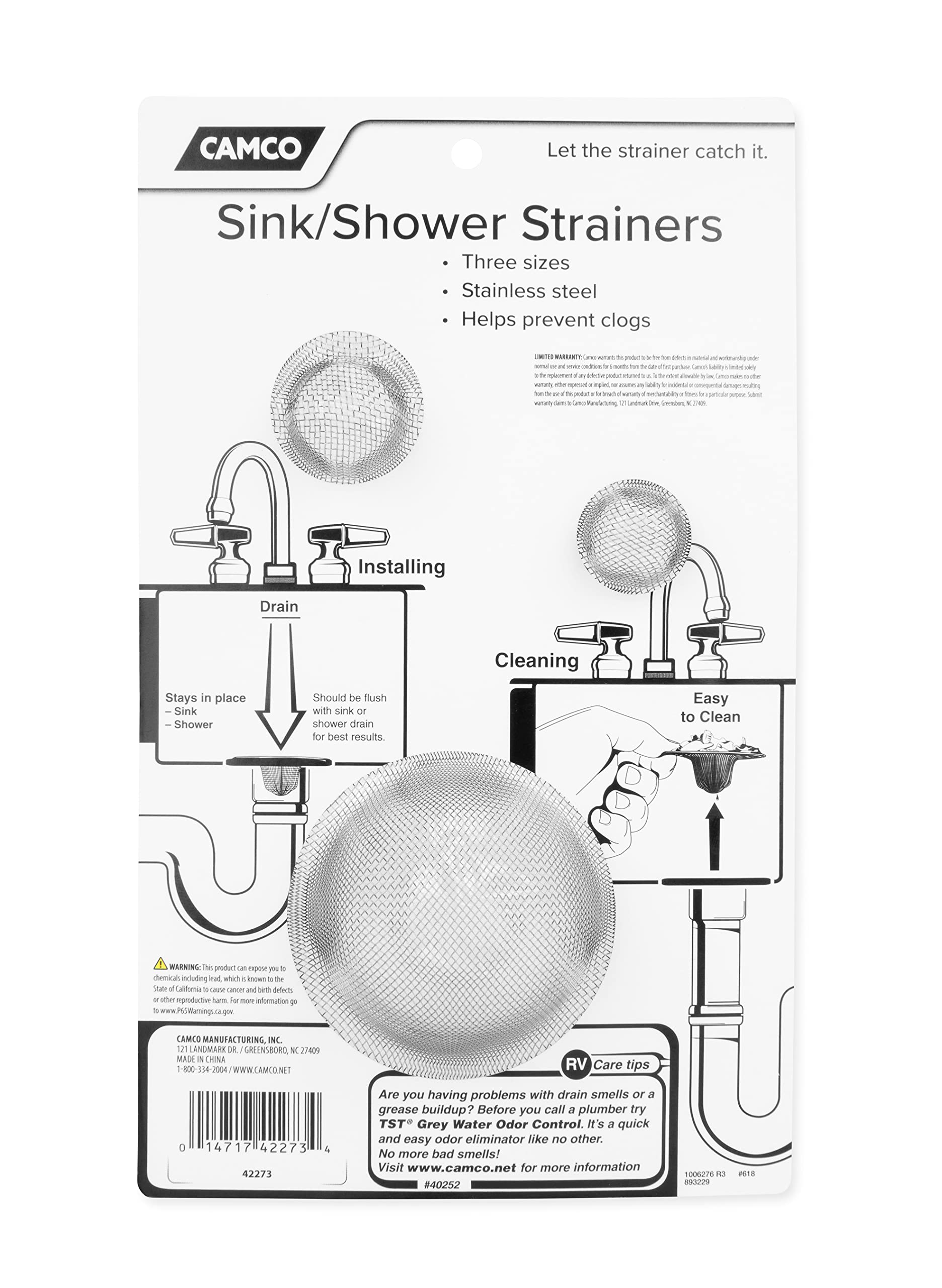 Camco Sink and Shower Drain Strainers | Designed to Keep Food and Hair Out of Plumbing | 3-Pack (42273)