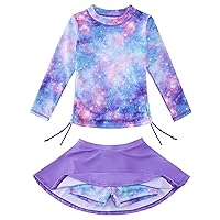 swimsobo Girls Rash Guard Two Pieces Bathing Suit Long Sleeve Swimsuit Swimming Skirt with Shorts Swimwear 3-12T