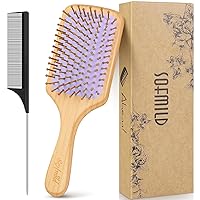 Bamboo Wooden Paddle Hair Brush-Bamboo Wood Bristles Detangling Hairbrush for Women Men Massaging Scalp Hair Growth