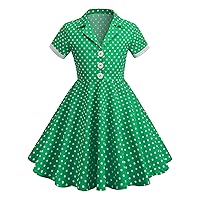 Girls Cap Sleeve Vintage Floral Print 50's Polka Dot Swing Dress Audrey Rockablilly Casual Boho A-line Tea Dress with Belt