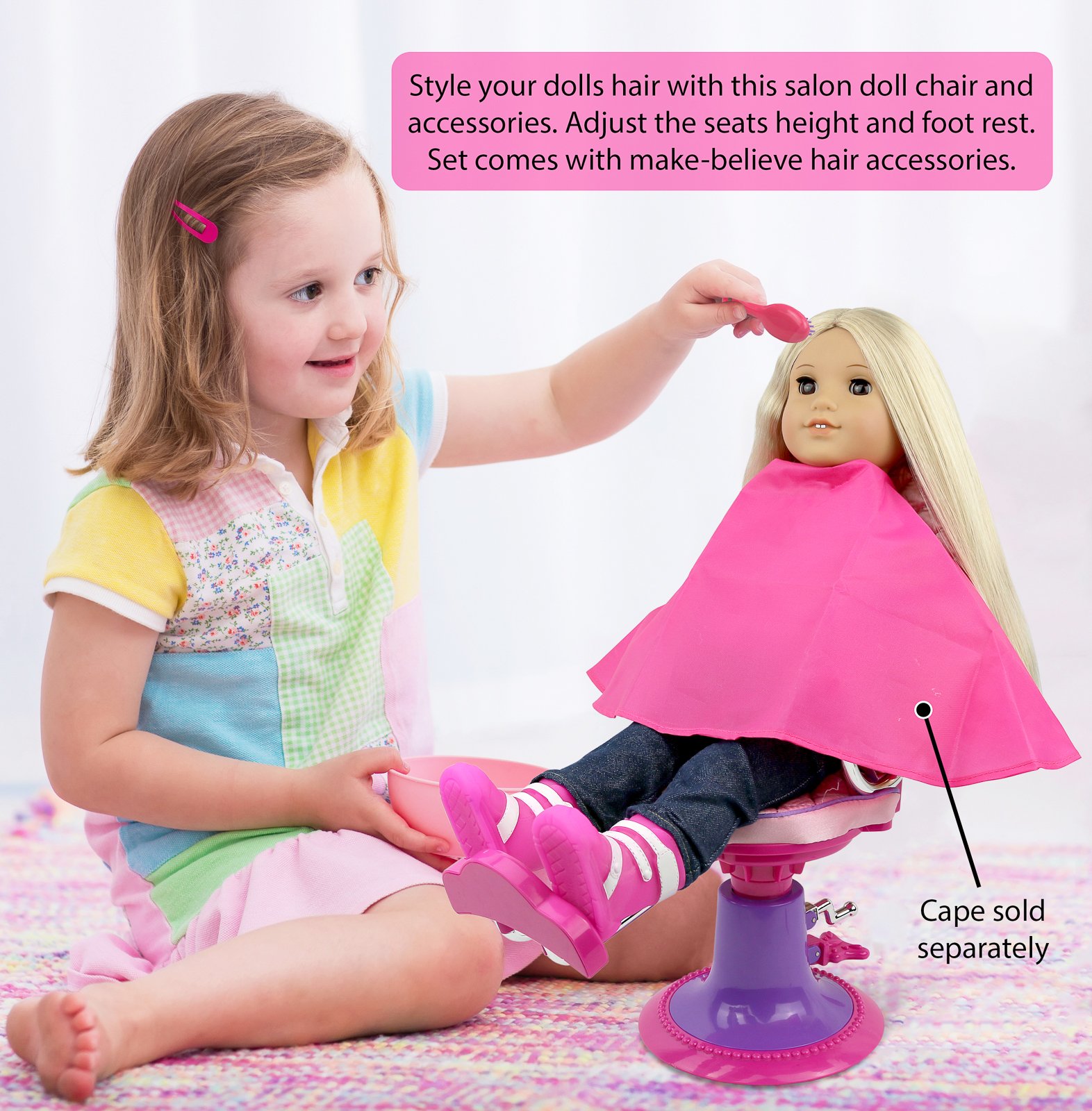 Pretend Play Hair Salon Toy for Girls, Click N' Play Doll Salon Chair with 8 Doll Hair Accessories: Chair, Hair Brush, 2 Hair Clips, 2 Curlers - Doll Accessories - Girl Gift Ages 3+, Pink & Purple