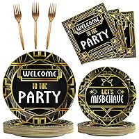 25 Guests Roaring 1920s Party Decorations, Speakeasy Misbehave Black Gold Birthday Party Decors Art Décor Retro Murder Mystery Party Supplies for 1920s Vintage Flapper Wedding Plates Napkins Supplies