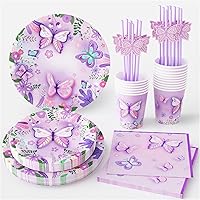 Butterfly Party Supplies Kit Serves 16, Disposable Dinner Plates, Dessert Plates, Napkins, Butterfly Straws Tableware Set for Birthday Baby Shower Wedding Party Supplies Table Decorations