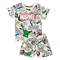 Marvel Boys White Pyjama Set | Short Sleeve T-Shirt and Shorts Pjs | All Over Superhero Classic Comic Graphic Print | Hulk Captain America Thor Iron Man for Little Superheroes