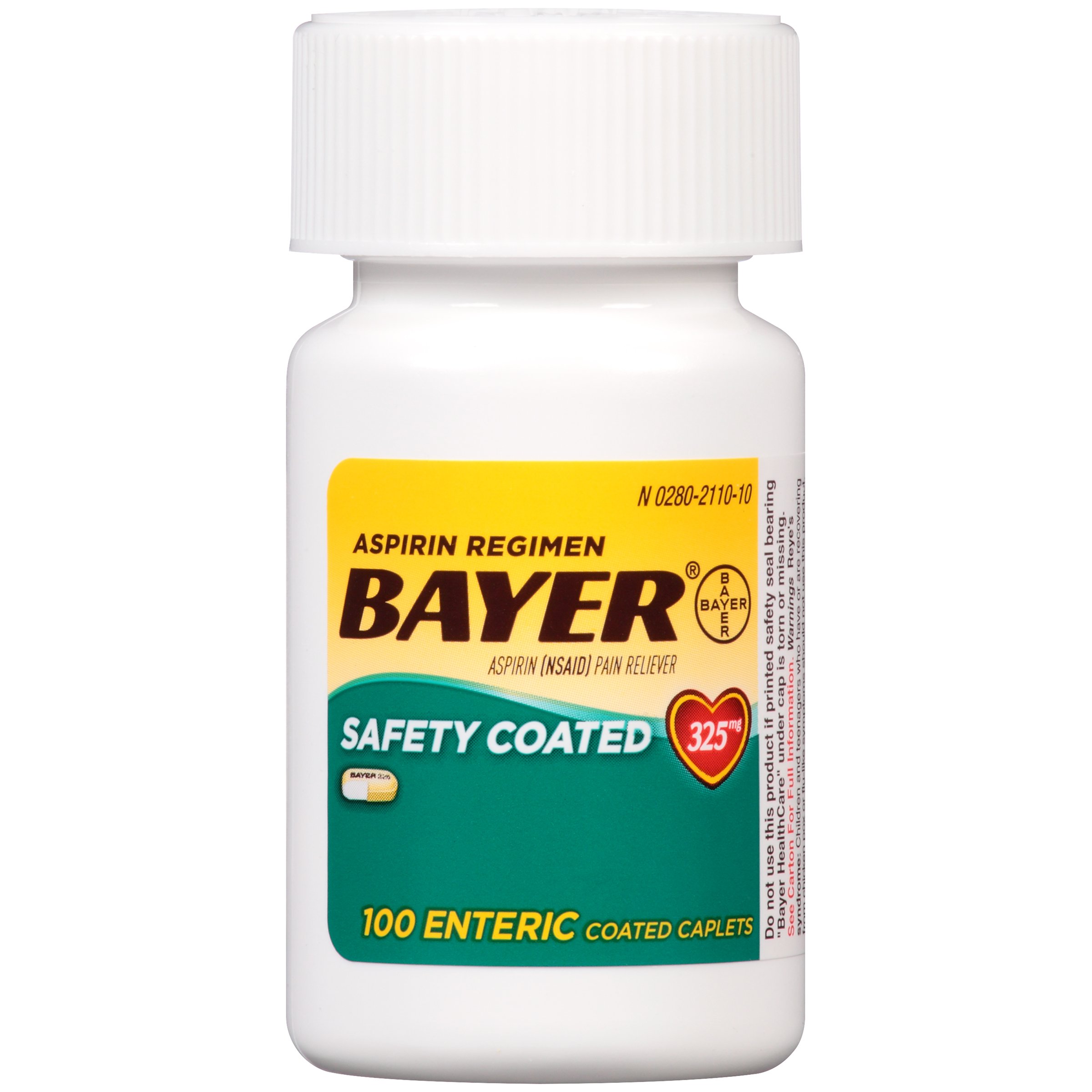 Bayer Aspirin Regimen, 325mg Enteric Coated Tablets, Pain Reliever, 100 Count (Pack of 2)