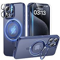 TAURI 360°Rotatable Magnetic Ring for iPhone 15 Pro Case Blue, [Designed for Magsafe] with Stand & Ring Holder, Translucent Matte Phone Case with 2X Screen Protectors +2X Camera Lens Protector