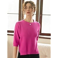 Women's Shirts Women's Tops Shirts for Women Solid Drop Shoulder Split Hem Knit Top (Color : Hot Pink, Size : Medium)