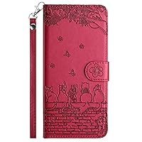 XYX Wallet Case Compatible with Google Pixel 8a, PU Leather Flip Protective Phone Case Card Slots Emboss Cat Flower Case with Wrist Strap for Pixel 8a, Red
