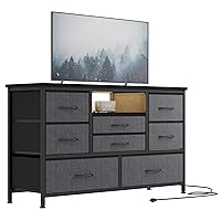 8 Dresser TV Stand with Power Outlet & LED for 55'' TV, Long Dresser for Bedroom with 8 Deep Drawers, Wide Console Table for Storage in Closet, Living Room, Entryway, Wood Top (Grey)