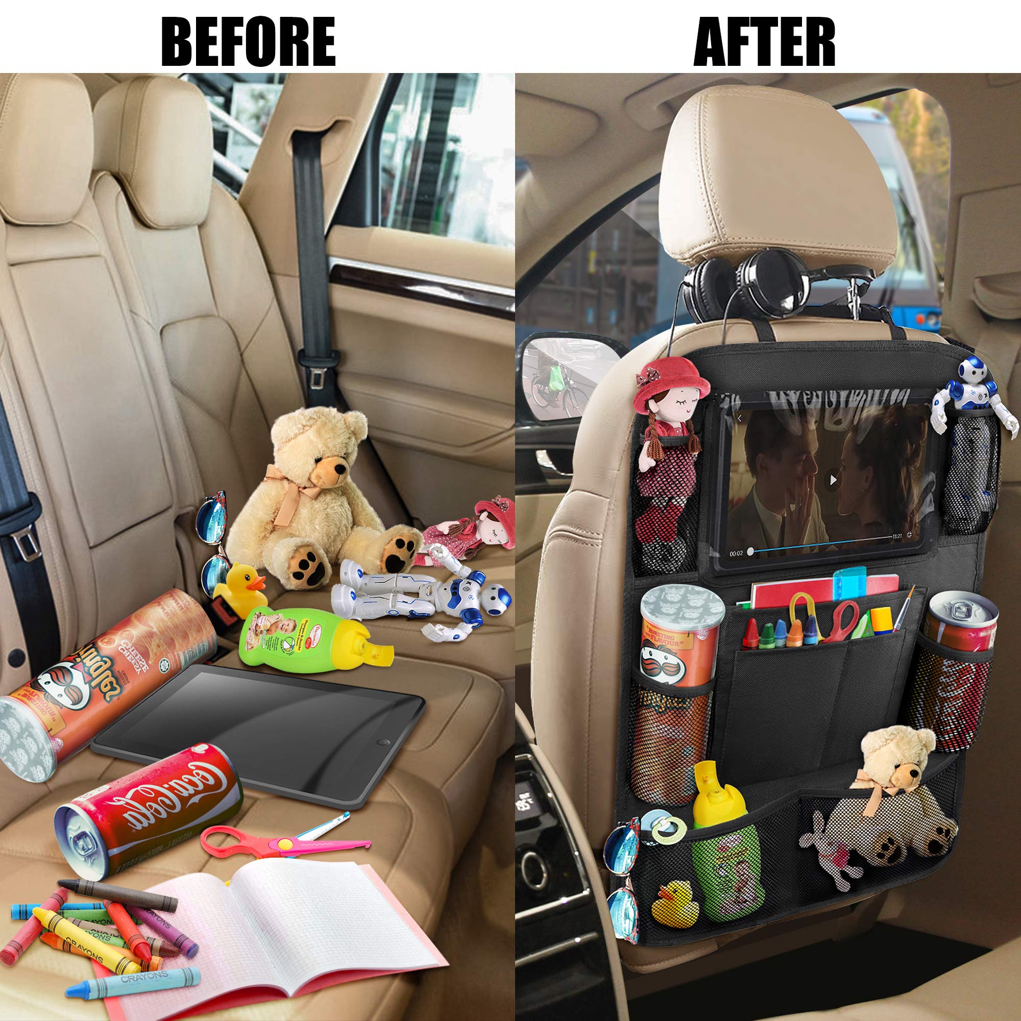 anban Car Backseat Organizer, Seat Back Protectors with 10 inch Tablet Holder + 9 Storage Pockets Kick Mats for Book Drink Toy Bottle, Travel Accessories for Kids Toddlers Black, 2 Pack