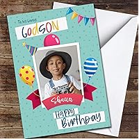 Godson Photo Party Frame Balloons Blue Pink Any Text Personalized Birthday Card |Custom Greetings Card Personalized Holiday Cards, Birthday Cards, Christmas Cards, Lots of Designs| Standard Or Jumbo Large Personalized Card