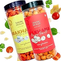 Roasted Makhana Snack Indian Fox Nuts - Gluten Free & Vegan Popped Water Lily Seeds - Lotus Seeds for Eating by Vishnu Delight - Cheese n Herbs & Tangy Tomato Flavored Phool Makhana - 90g Jar