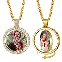 Personalized Two Photos Necklace for Men Women, Customized Rotatable Round Heart Memory Pictures Medallion Pendant Wheat Chain Hip Hop Jewelry, Chain Length 18-30 inches