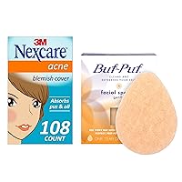 Buf-Puf Gentle Facial Sponge, Removes Deep Down Dirt & Makeup That Causes Breakouts and Blackheads, Reusable, Exfoliating (1 Count) + Nexcare Acne Absorbing Patch (108 Count)