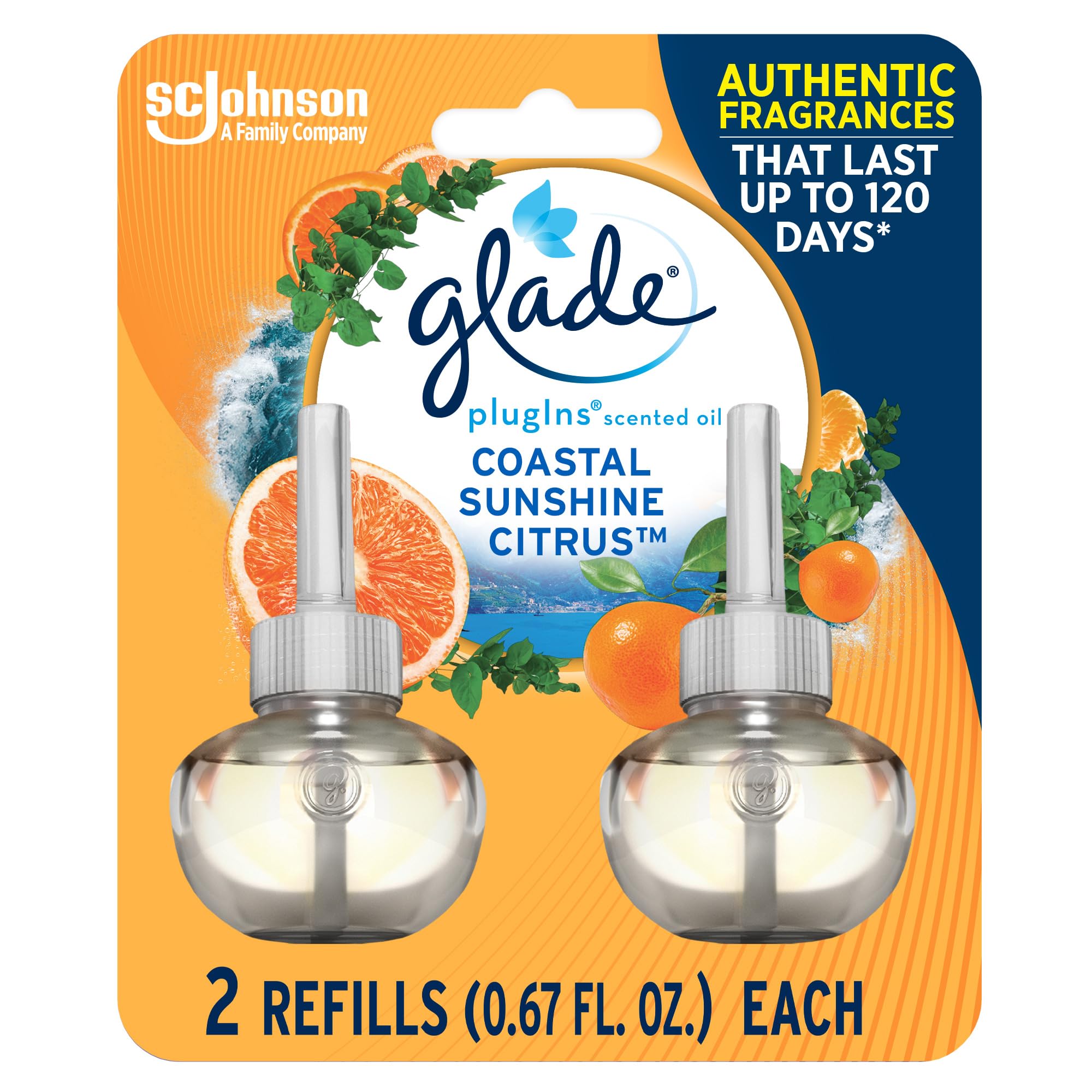 Glade PlugIns Refills Air Freshener, Scented and Essential Oils for Home and Bathroom, Coastal Sunshine Citrus, 1.34 Fl Oz, 2 Count