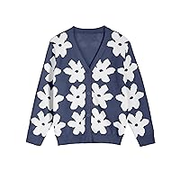 Women's Floral Cardigan Button Down Knitted Cardigan Sweater with Pockets Navy M