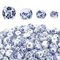200Pcs 4Styles Round Porcelain Beads Ceramic Loose Beads Handmade Porcelain Beads Printed Round Spacer Beads for DIY Jewelry Making Supplies Craft Beading Kit, Blue