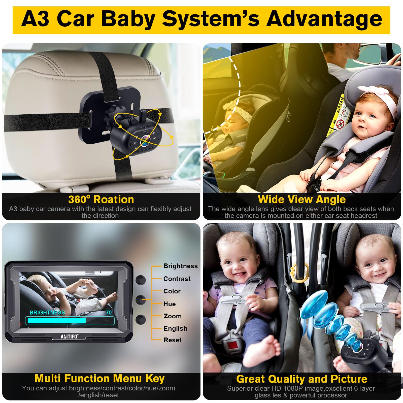 Baby Car Camera 360 ° Rotation: USB Powered Backseat Camera for 2 Kids Rear Facing Carseat Camera Clear Night Vision Car Baby Monitor with Camera Animal Rabbit 3 Mins Easy to Install AMTIFO A3