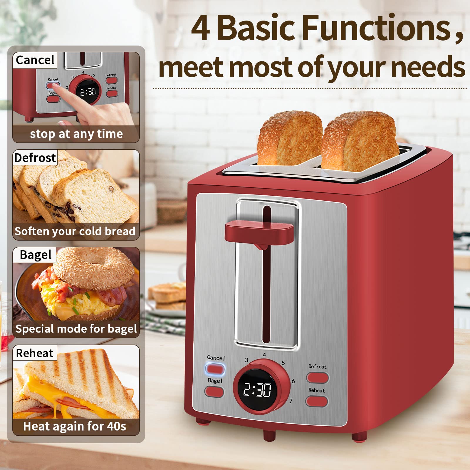 SEEDEEM Toaster 2 Slice, Bread Toaster with LCD Display, 7 Shade Settings, 1.４'' Variable Extra Wide Slots Toaster with Cancel, Bagel, Defrost, Reheat Functions, Removable Crumb Tray, 900W, Retro Red