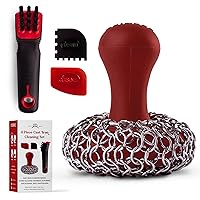 Cuisinel Cast Iron Chain Mail Scrubber + Cleaning Brush + Pan & Grill Scrapers - The Ultimate Skillet and Grill Cleaner Kit - Soft-Touch Confident-Grip Dish Scrub Tool - Silicone/Stainless Accessories
